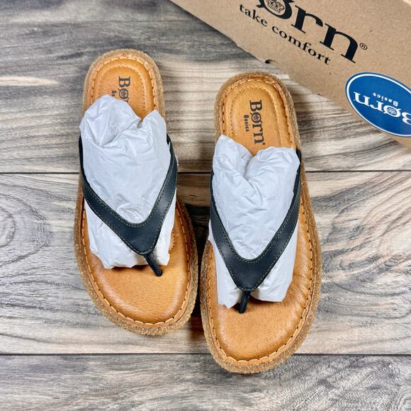 NIB Born Basic Maite 7M Black Leather Flip Flops Comfort Flat Thong Sandals - Picture 8 of 11